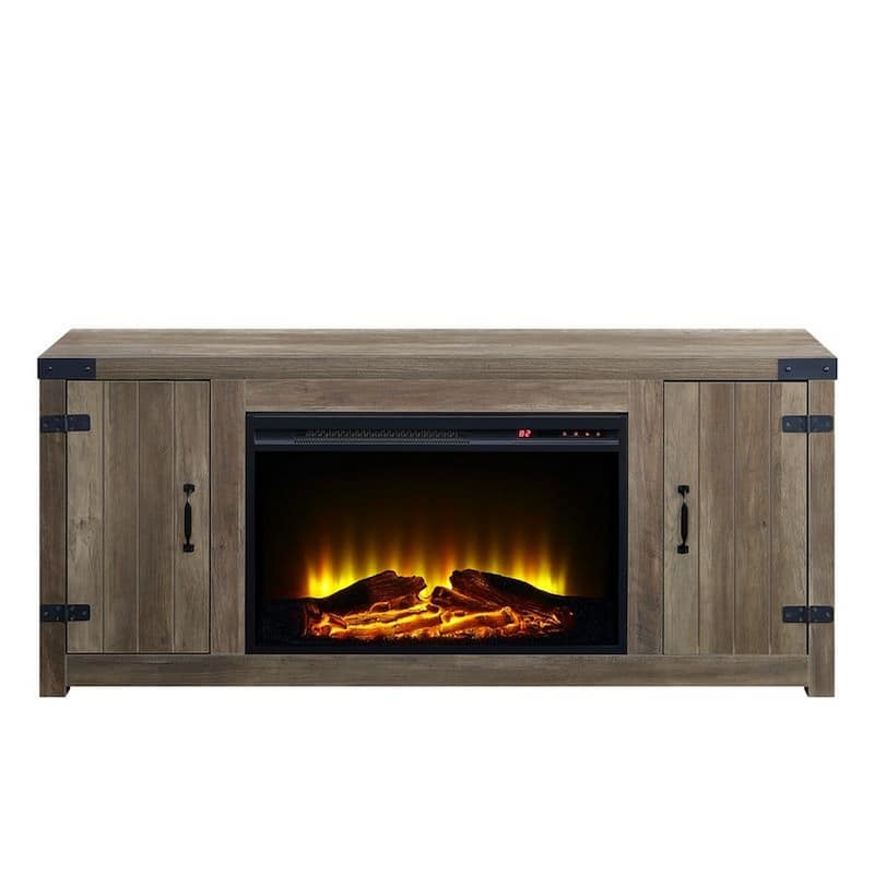 TV Stand and Fireplace with 2 Doors and Metal Brackets, Rustic Brown