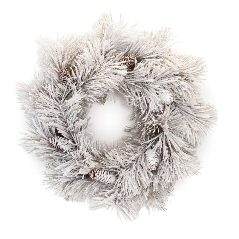 23.5” Flocked Pine Wreath with Pinecones White & Green Winter Indoor Door Decor on Rustic Grapevine Base - White