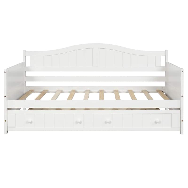 Twin Size Wood Daybed with Trundle Bed, Solid Wooden Sofa Bed Frame, Wood Slat Support, Easy to Assemble for Bedroom Living Room