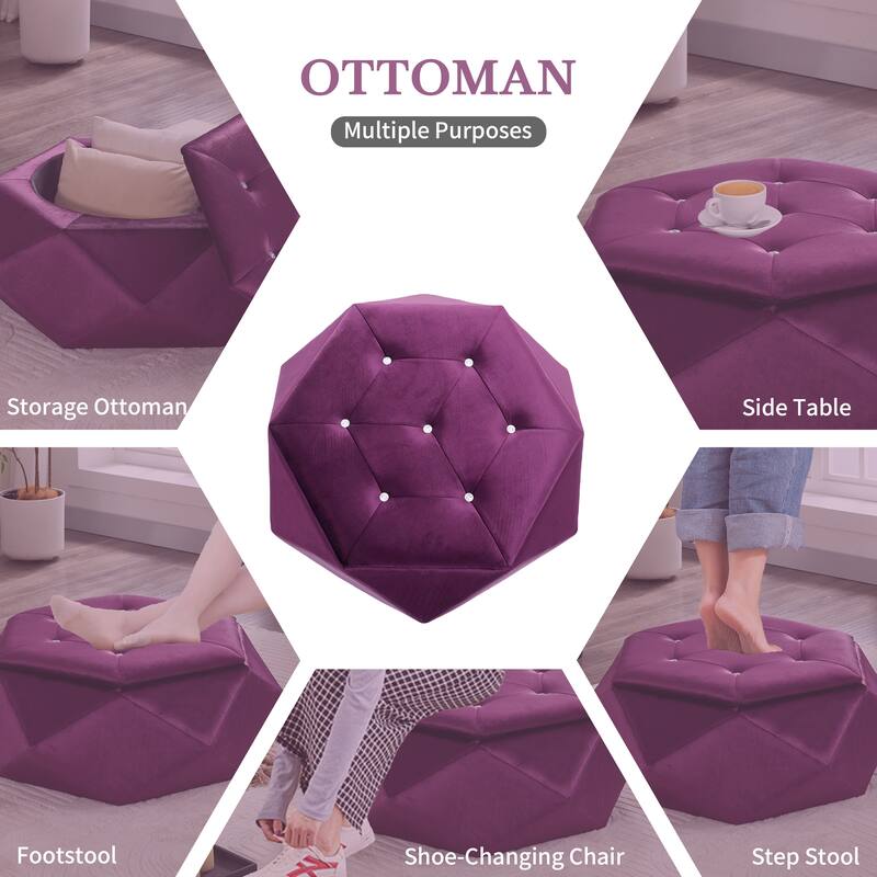 Purple Elegant Velvet Diamond Tufted Storage Ottoman - Multi-Functional Home Footrest & Seating