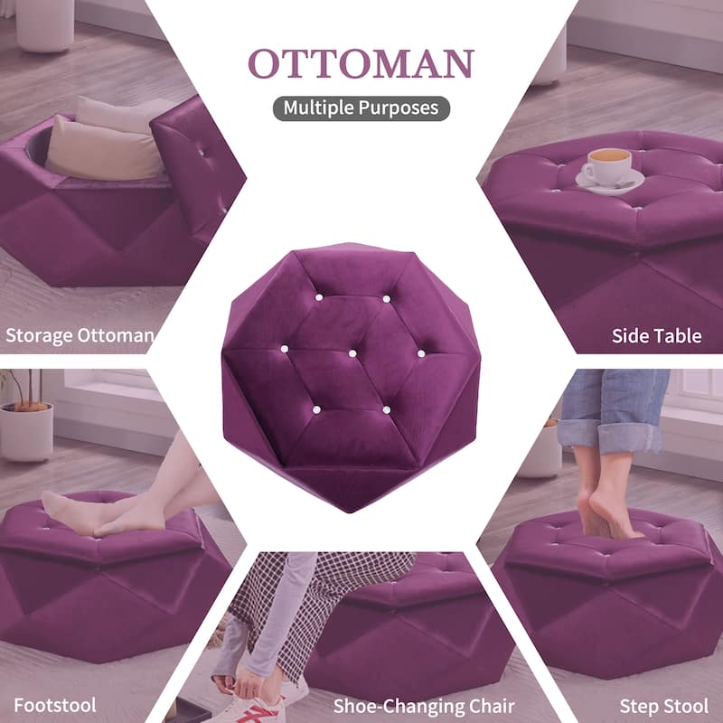 Roomfitters Velvet Storage Ottoman, Diamond Tufted Polygon Footrest and Accent Seat