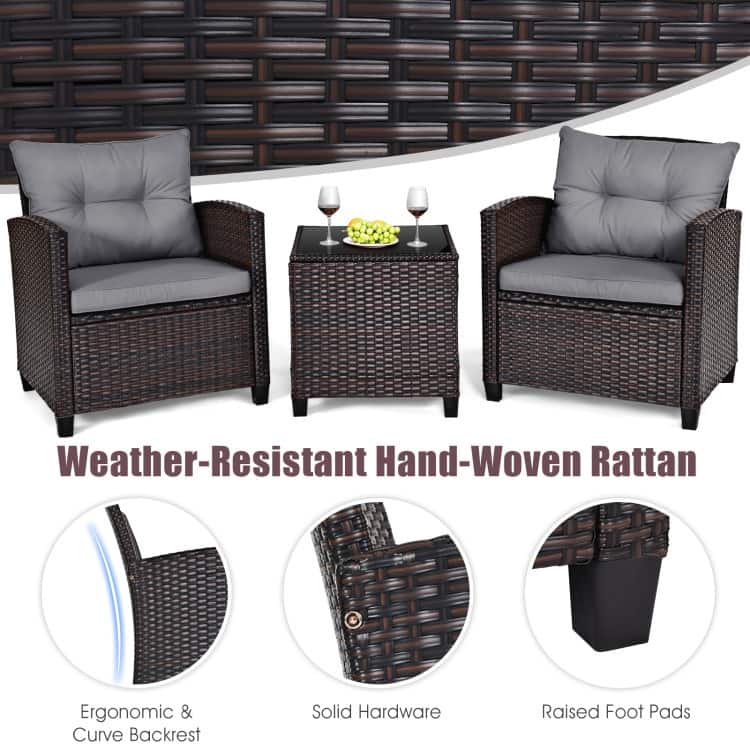3 Pieces Rattan Patio Furniture Set with Washable Cushion - Chair: 26.5" x 26.5" x 30"
