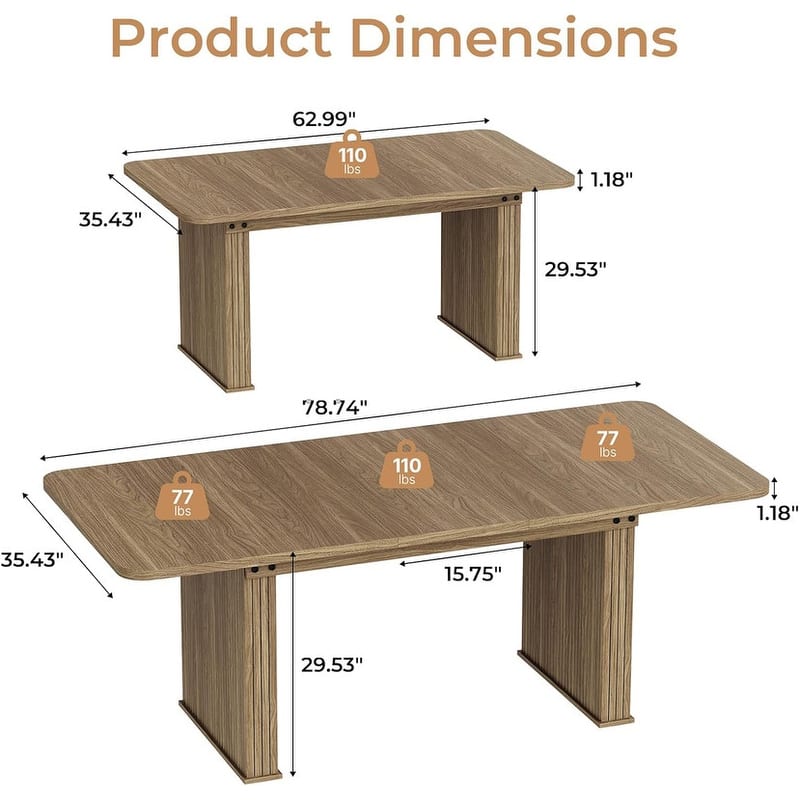 Rounded stripes Extendable Dining Table for 6-10 People, Wood Table with Double Robust Pedestal, Conference Meeting Table