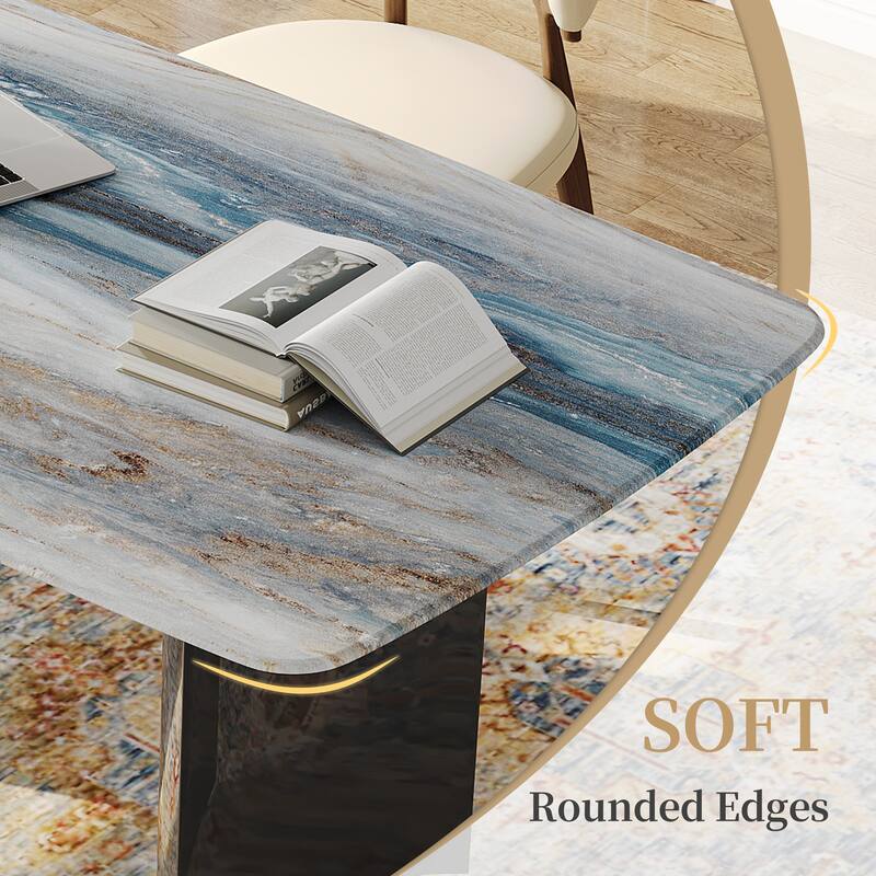 Modern 63" Retangular Wrining Desk, Faux Marble Table Top Desk With Double Legs