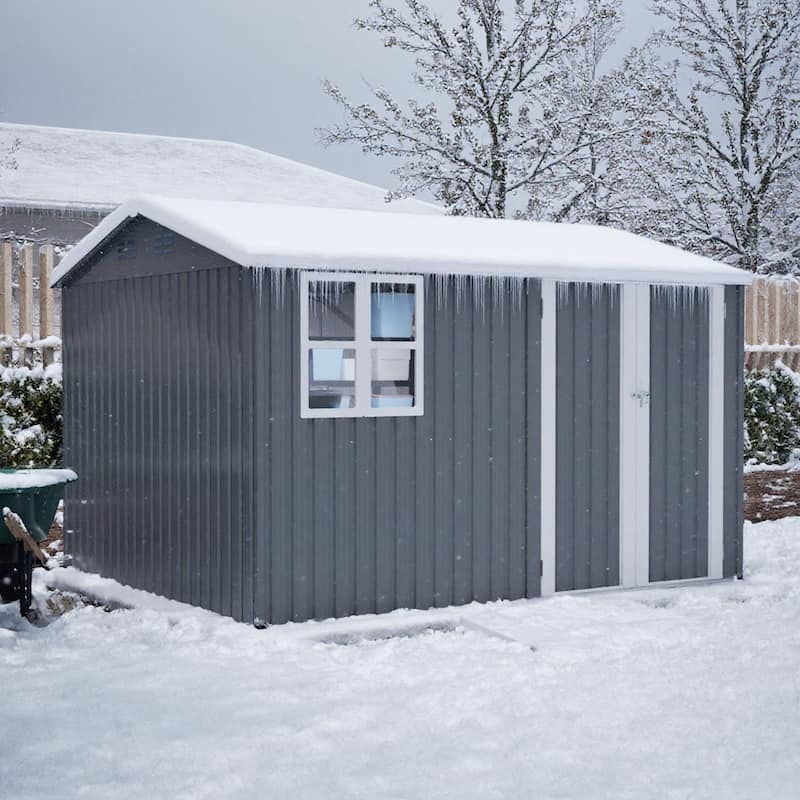 10X8FT Outdoor Steel Storage Shed with Clear Window, Lockable Doors, Weather-Resistant Metal Tool Shed, Gray