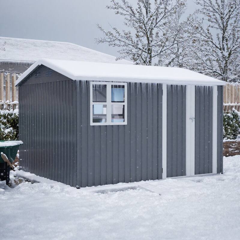 10X8FT Outdoor Steel Storage Shed with Clear Window, Lockable Doors, Weather-Resistant Metal Tool Shed