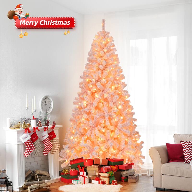Artificial Snow-Flocked Christmas Tree with Thick Pine Branches and US Plug and Metal Stand