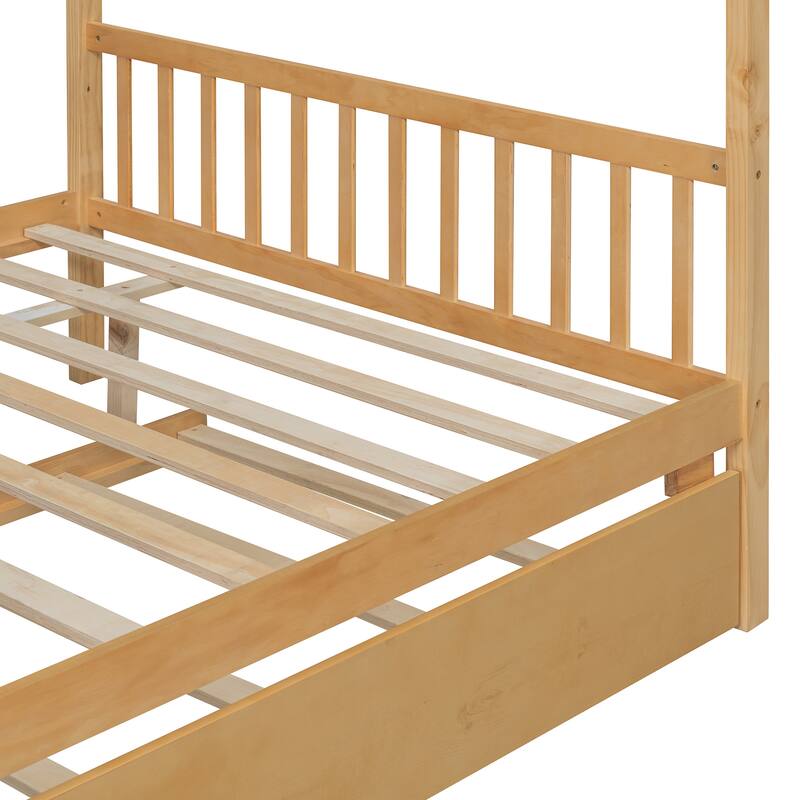 Kids Full Size House Bed with Pull-Out Trundle and Headboards Durable Pine Construction