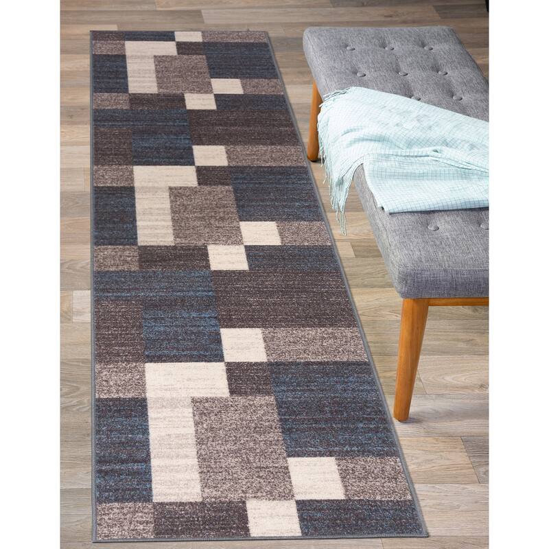 World Rug Gallery Modern Boxes Design Non-slip (Non-skid) Area Rug - 2' x 10' Runner - Blue