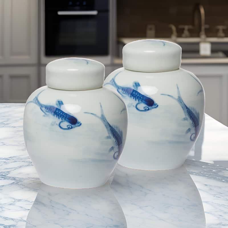 8 Inch Lidded Ginger Jar, Painted Koi Fish, White Blue Porcelain, Set of 2