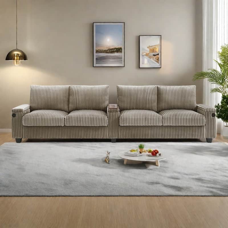 133" Corduroy 4-Seater Sofa with USB Ports, Flip-Top Cup Holders, and Hidden Storage