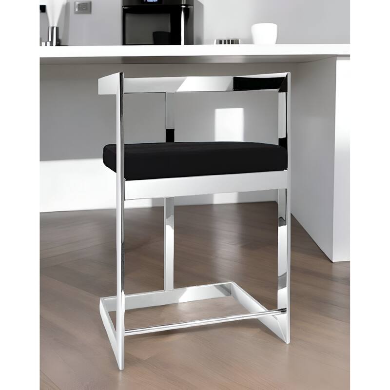 26" Black And Silver Velvet And Stainless Steel Low Back Counter Height Bar Chair - Black