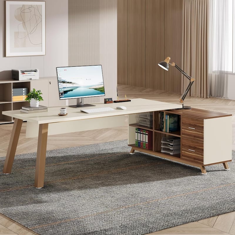 L-Shaped Desk with 55-Inch Cabinet - Walnut & White