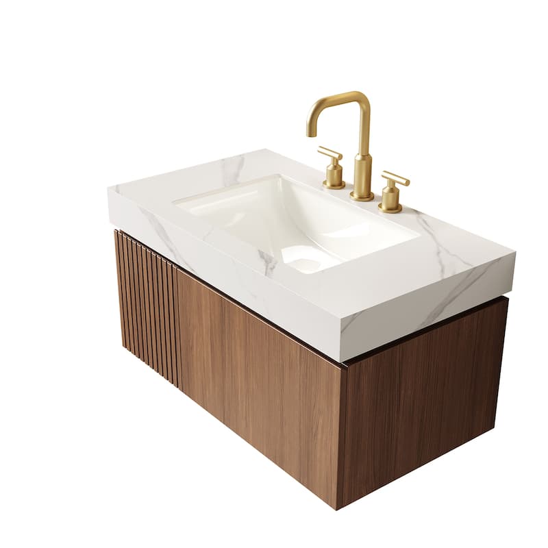 Floating Bathroom Vanity with Sintered Stone Top & Undermount Ceramic Basin with Three Pre-drilled Faucet Holes