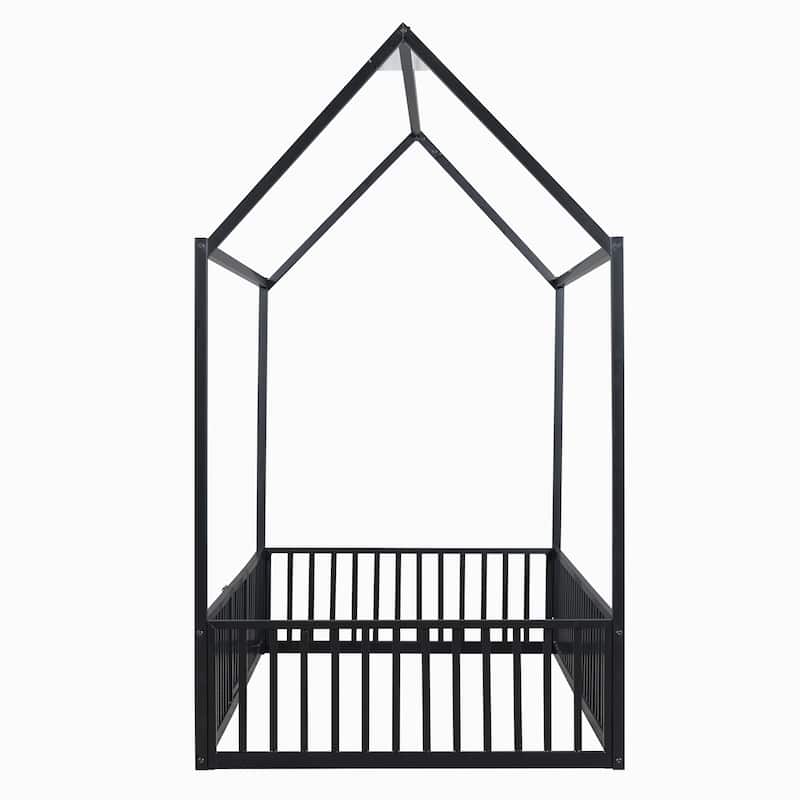 Black Twin Size Metal House Bed with Fence, Roof, and Door for Kids