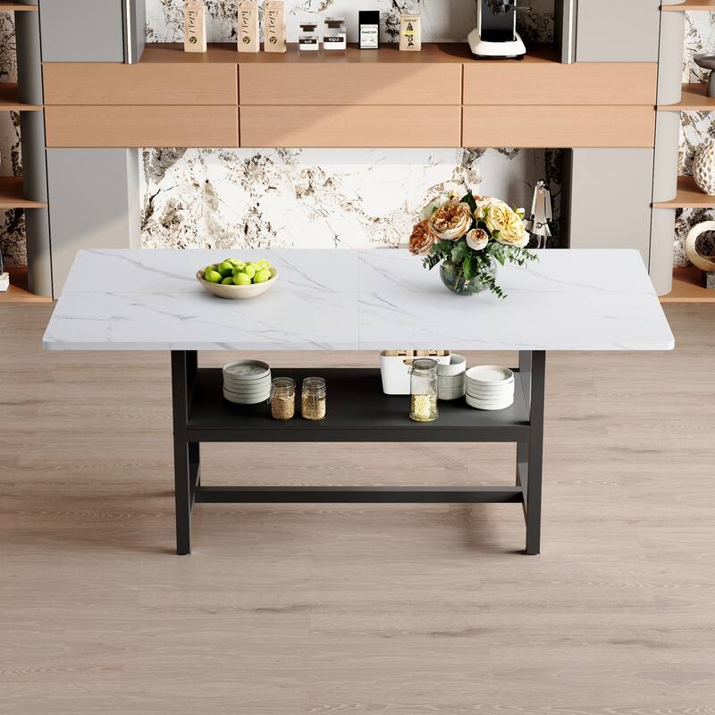 Extra Long Dining Table with Under Table Storage Shelf Black MDF Top Metal Legs Modern Design