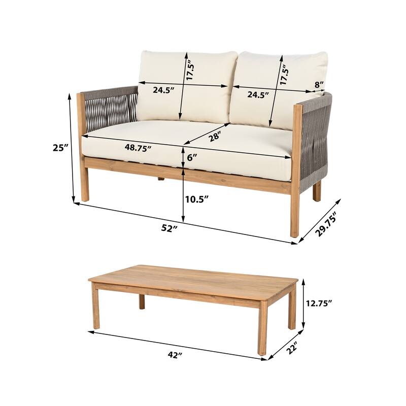 Christopher Knight Home - Amelie Outdoor 4-Piece Acacia Lounge Set - Loveseat, Club Chairs, & Coffee Table with Cushions