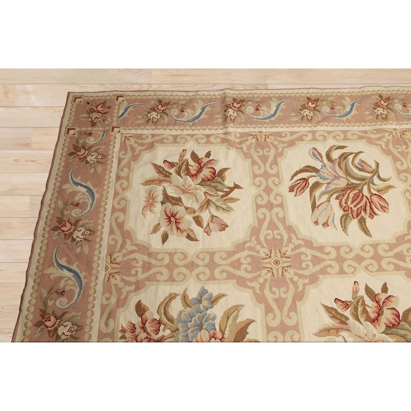 Hand Woven Beige Multi Aubusson Wool Traditional Oriental Area Rug - 9' 8'' x 11' 8''
