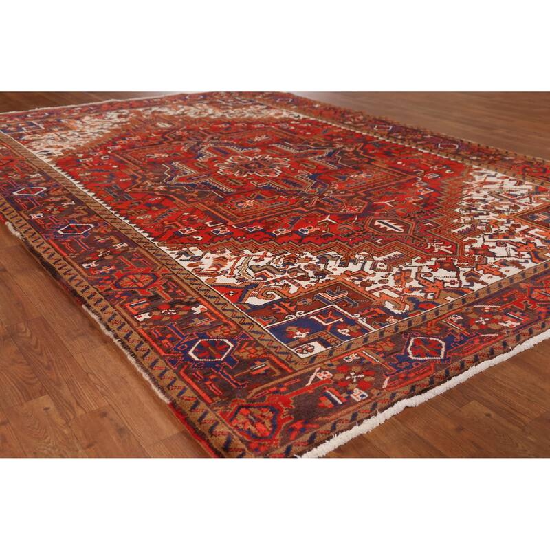 Hand Knotted Oriental 100% Wool Carpet Traditional Medallion Red Heriz Area Rug - 9' 7'' X 6' 9''