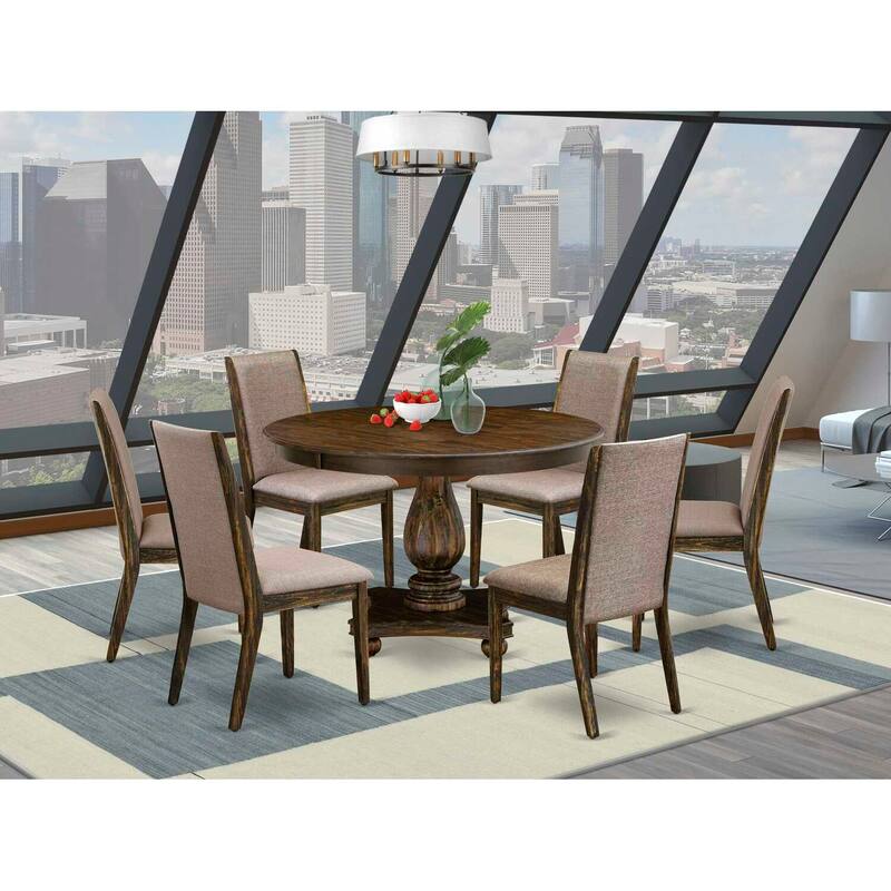 HomeStock 7-Piece Distressed Jacobean Finish Solid Wood Top Dining Table with 6 Chairs