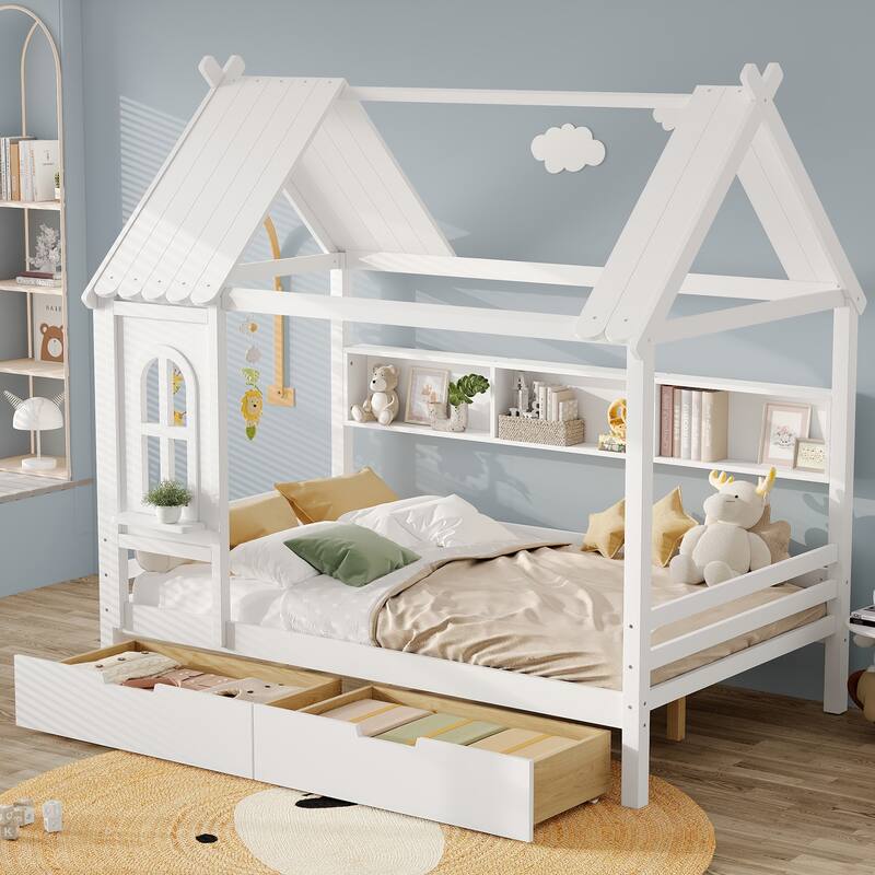 Charming House Bed for Girls, Boys Low Platform Bed Frame with Under-bed Drawers, Storage Shelves, Window and Roof