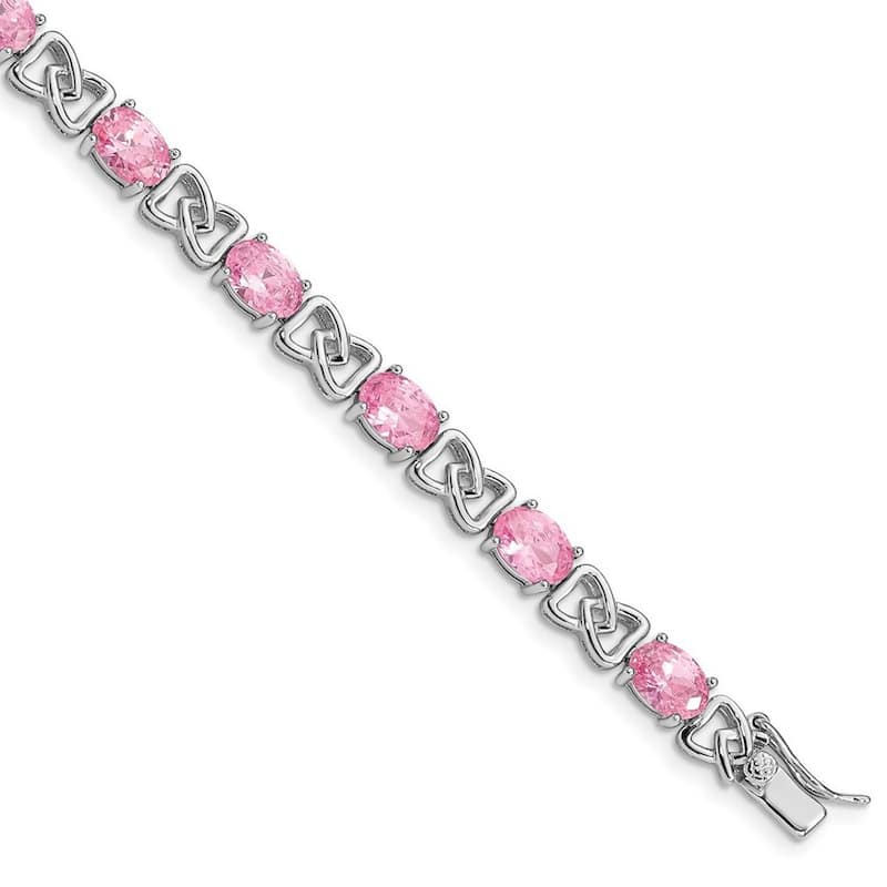 Curata 925 Sterling Silver Polished Safety bar Pink CZ Cubic Zirconia Simulated Diamond Bracelet 7 Inch Box Clasp