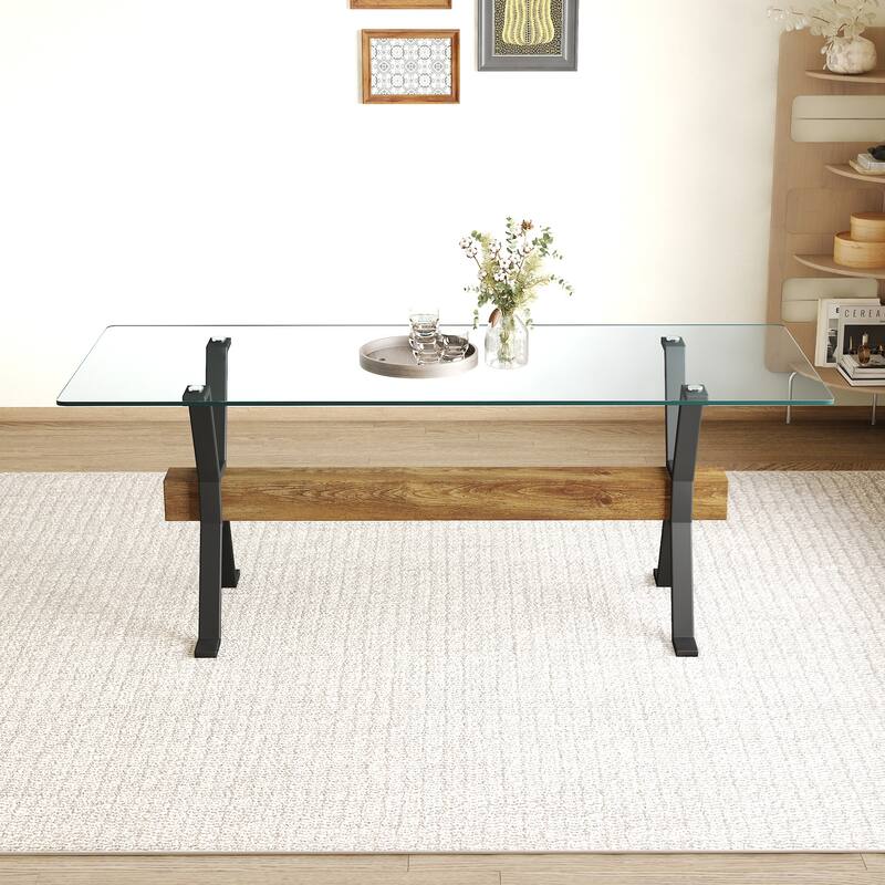 Elegant Transparent Tempered Glass Dining Table,With X-Shaped Metal Table Legs,Wood Grain Textured Mdf Crossbeam