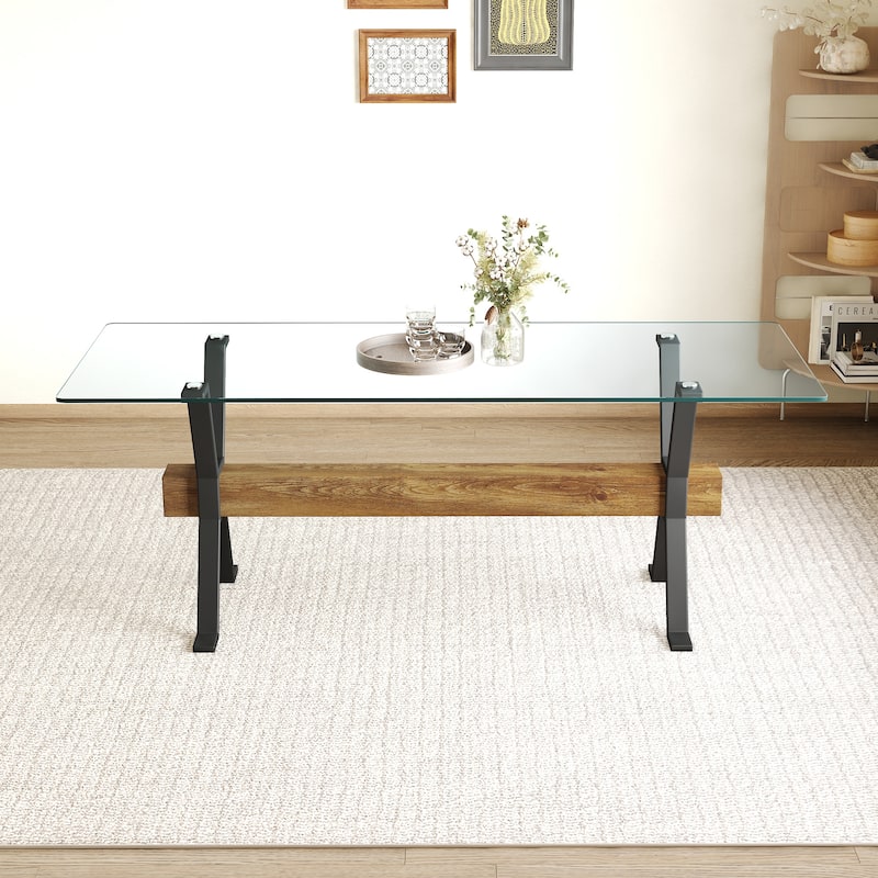 Roomfitters Large Glass Dining Table with 79 Inch Top and Black X-Shaped Legs with MDF Beam for Dining Room, Black, Transparent