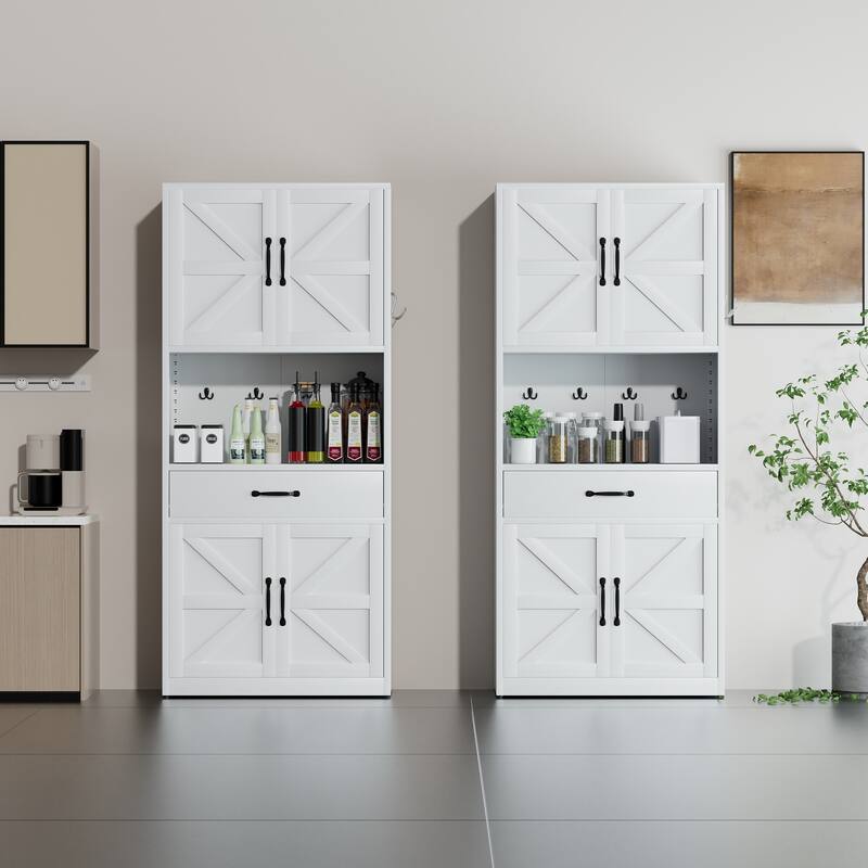 71" White Steel Kitchen Pantry with Large Countertop, Adjustable Shelves, Drawers & Hooks