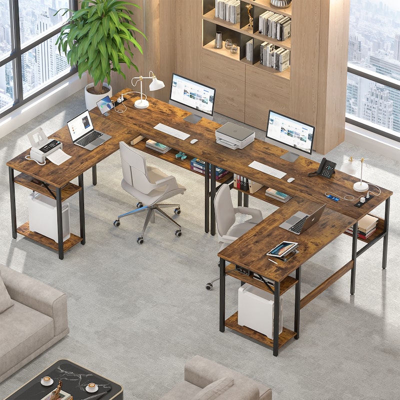 Reversible L Shaped Desk with Storage Shelves, Home Office Corner Desk with Charge Station