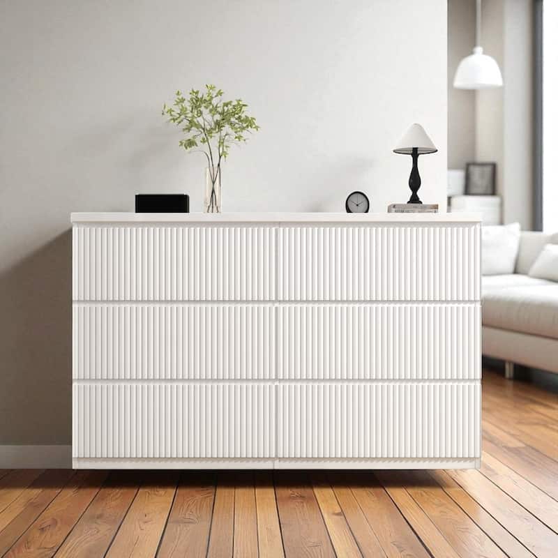 6 Drawer White Dresser, Modern Wide Storage Cabinet with Wavy Drawer Panels, Wood Chest Organizer for Bedroom and Entryway - White