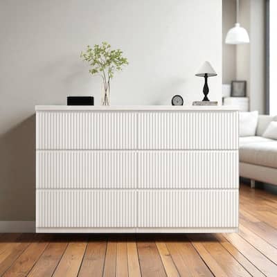 6 Drawer White Dresser, Modern Wide Storage Cabinet with Wavy Drawer Panels, Wood Chest Organizer for Bedroom and Entryway
