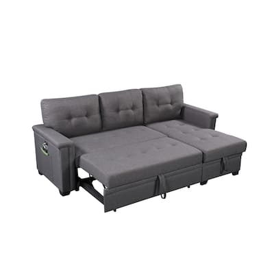 84" Dark Gray Reversible Sleeper Sofa with Storage, USB Ports, Pocket, Linen