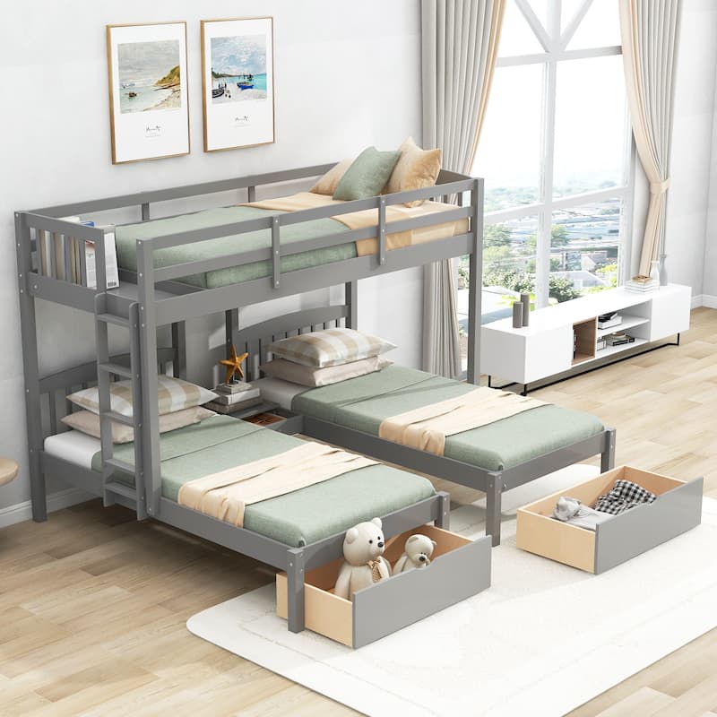 Pine Wood Bunk Bed, Triple Sleeping Space, Builtin Middle Drawer, Safety Guardrail Bed Bath