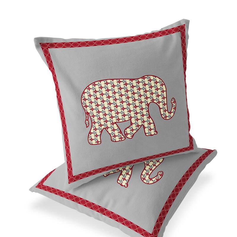 HomeRoots Set of Two 16" X 16" Gray and Red Elephant Blown Seam Animal Print Indoor Outdoor Throw Pillow
