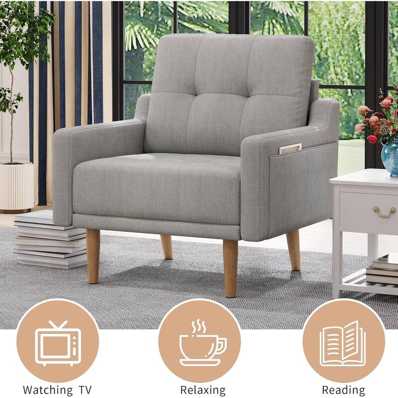 Mid Century Modern Accent Chair,Upholstered Armchair,Comfy Reading Chair with Wood Legs,Fabric Single Sofa Chair
