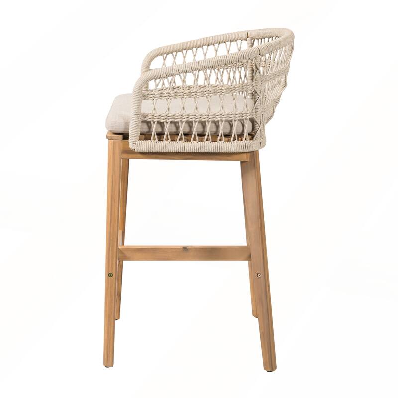 Outdoor Wood and Rope Barstool with Beige Cushion Set of 2
