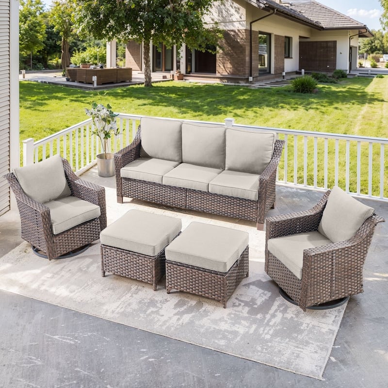 Outside Patio Sofa Chair Set with Cushions - Brwon Wicker Beige Cushion - 5PCS Sofa Swivel Chair with Ottoman