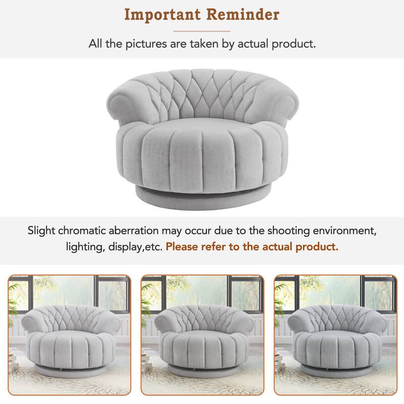 Roomfitters 46 Inch Oversized Round Barrel Swivel Accent Chair with Channel Tufting, Chenille