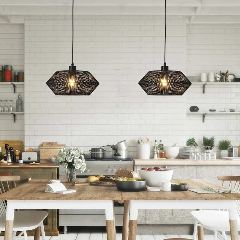 1-Light Modern Semi Flush Mount Chandelier, Handmade Rattan Hanging Pendant Light for Kitchen Island - W12.59"x H5.7"