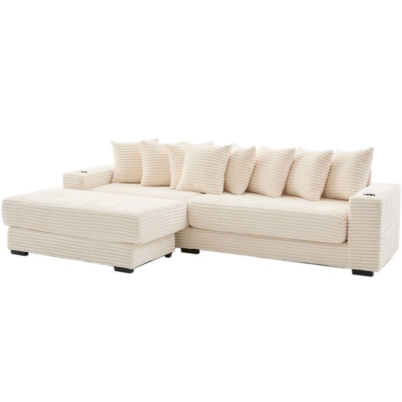 110.75" Corduroy Sectional Sofa, Convertible Sleeper Sofa Bed L-Shaped Upholstered Couch with Removable Footstool, Cup Holder