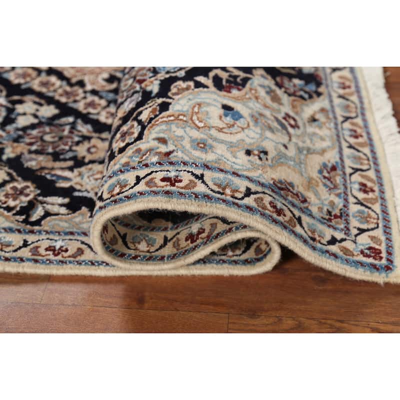 Dark Navy Blue Floral Nain Persian Accent Rug Handmade Wool Carpet - 2'11"x 4'4"