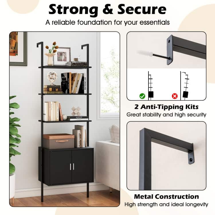 Engineered Wood Ladder Bookshelf with Cabinet Storage - 24" x 14" x 72.5"