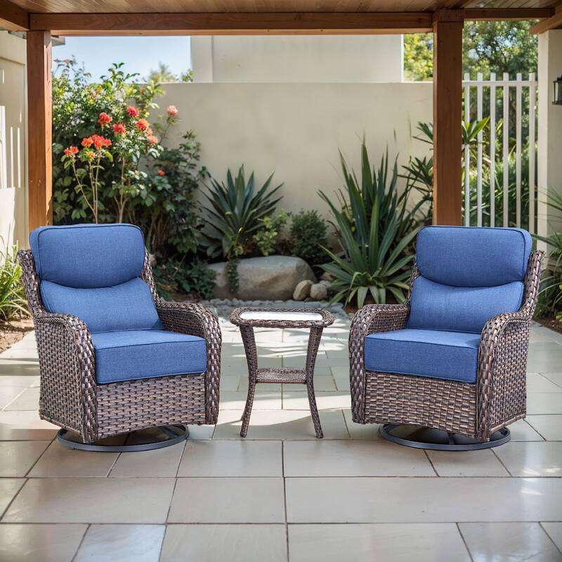Arcadia 3-Piece Wicker Patio Swivel Glider Chairs with 6-Inch Thick Cushions and Side Table