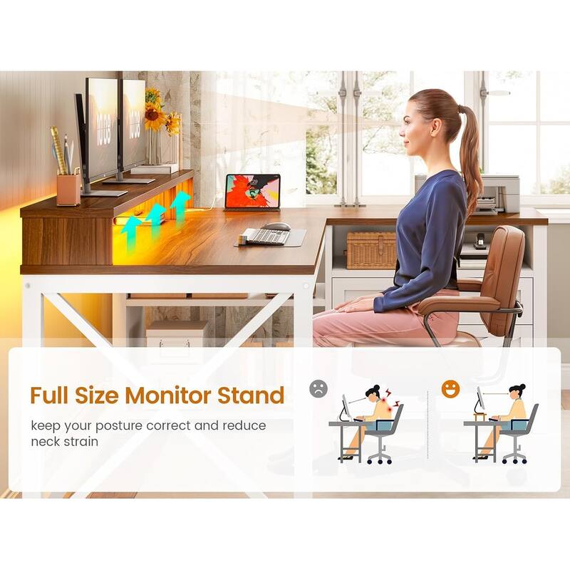 L Shaped Desk 55" Home Office Desk Drawers Storage Shelves