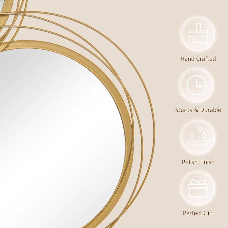Gold Metal Round Wall Mirror with Thick Glass and Easy Mounting - 42.25"Dia. x 1.5" D x 22” H