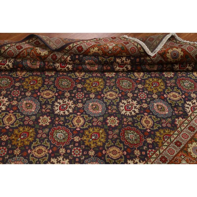 Hand Knotted Oriental 100% Wool Carpet Traditional Floral Navy Blue & Blues Tabriz Area Rug - 11' 5'' X 7' 7''