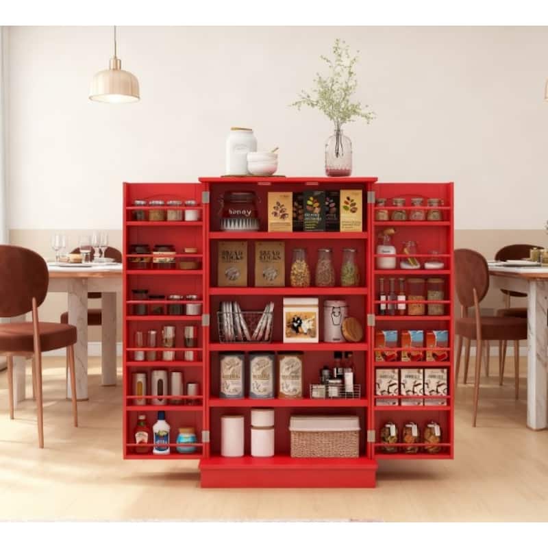 5-Tier Adjustable Storage Pantry Cabinet with Door Shelves and Double Doors - Red