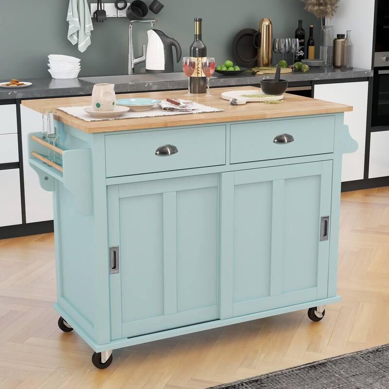 Rolling Kitchen Island with Drop-Leaf Countertop, Adjustable Shelves, 2 Drawers & Sliding Barn Door - Mint Green