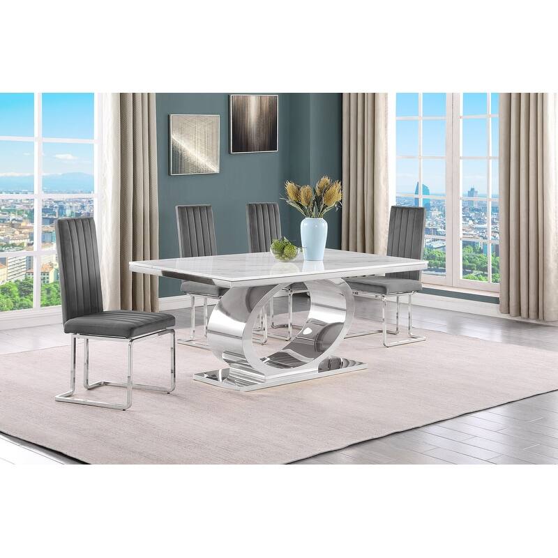Best Quality Furniture D430/1-SC340-7 Dining Set with 68" White Marble Top - 5-Piece - Dark Grey / Silver